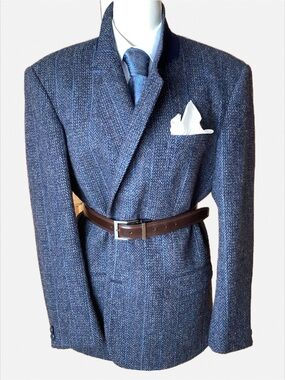 VINTAGE HARRIS TWEED Blue Wool Herringbone Blazer Size 42R